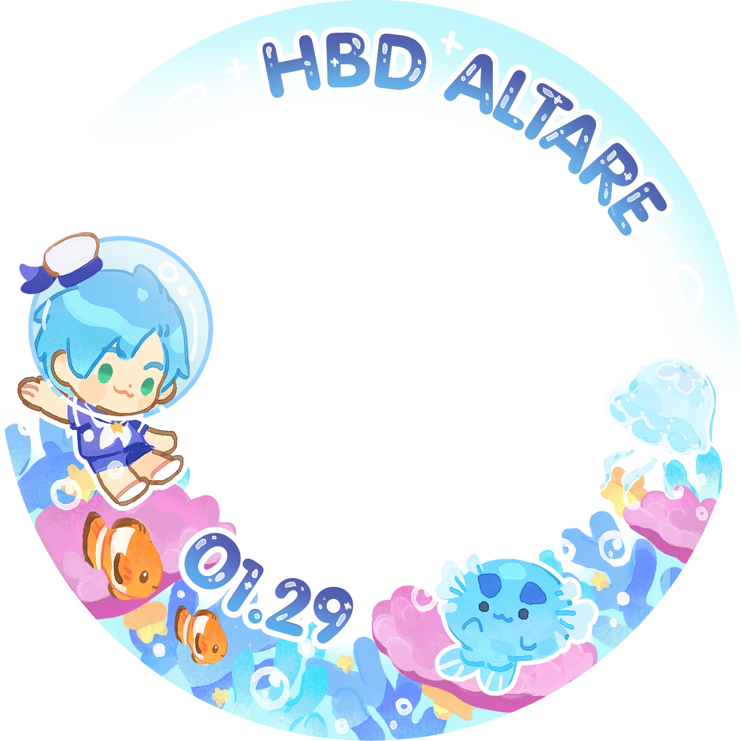 A chibi Altare dressed as a sailor waves while donning a bubble helmet and floating atop a colorful reef with clownfishes and a moon jellyfish. A Cultare slime is also depicted as a mermaid. Text reads, "HBD Altare 01.29" in a circular frame.