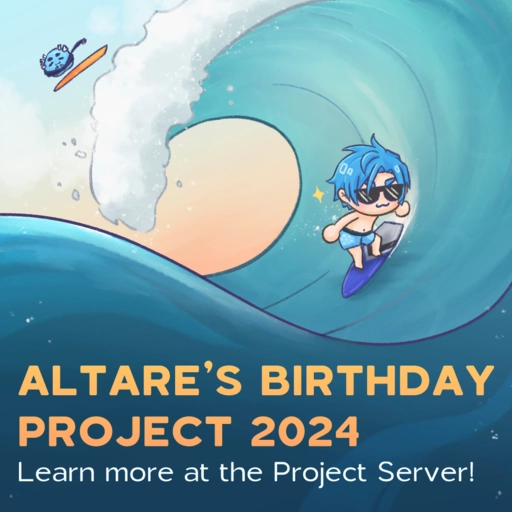 Altare surfing with sunglasses on a large wave with a Cultare slime surfing in the background. Text on the bottom reads, "Altare's Birthday Project 2024 - Learn more at the Project Server!".