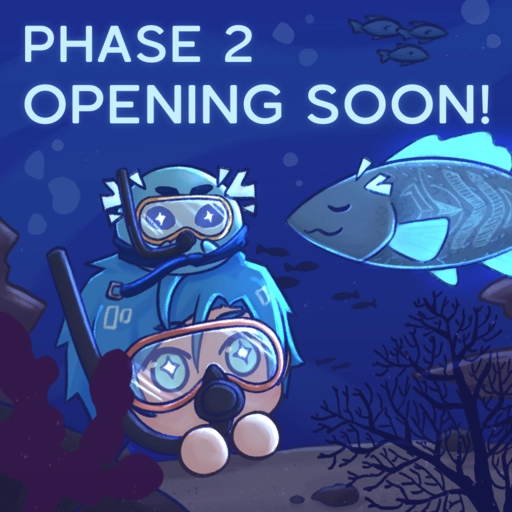 Altare with a scuba mask looks on in awe at a glowing fish. A Cultare slime sits atop his head equally in awe. Text at the top reads, "Phase 2 Opening Soon!".