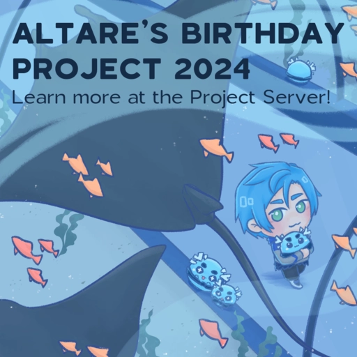 Altare hugs onto a Cultare slime as they walk along an aquarium tunnel with 2 other slimes watching on in awe. Large manta rays can be seen swimming by along with other little fishes. A text that says, "Altare's Birthday Project 2024 - Learn more at the Project Server!" is written near the top of the image.