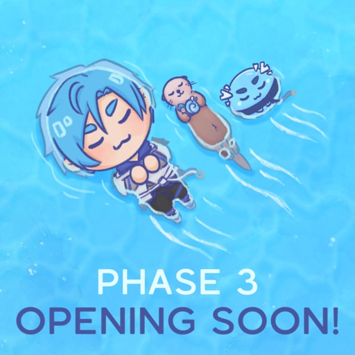 Altare floats on his back alongside an otter holding onto Snailtare and a Cultare slime leisurely. Text reads, "Phase 3 Opening soon!".
