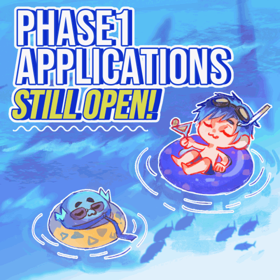 Altare holding a non-alcoholic cocktail as he sunbathes atop a dark blue circle-shaped floatie. A Cultare slime sits atop in a similar manner with sunglasses on. Text near the top reads, "Phase 1 Applications Still Open!".