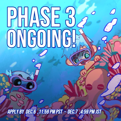 Altare smiles on with a hand holding onto his swimming googles atop his head while standing in near waist high waters. A Cultare slime smiles back on while seated in a ring floatie bobbing in the water. Text reads, "Phase 3 ongoing! Apply by 06DEC 11:59pm PST / 07DEC 4:59 JST".