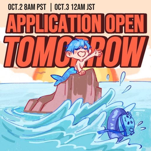 An image of Altare, a mermaid on a rock, with one hand raised. A wave sweeps away an Altventurer slime. Orange text behind Altare states "Application Open Tomorrow" and black text shows the dates "Oct 2, 8AM PST / Oct 3, 12AM JST."