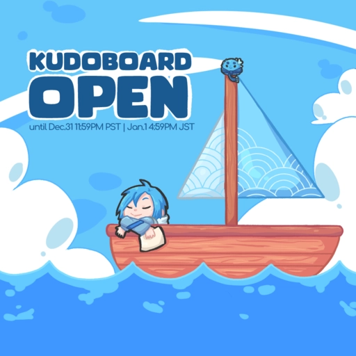 Altare relaxing on a sailboat with an Altventurer slime on top of the sail. Text above reads "Kudoboard OPEN until December 31 11:59PM PST | January 1 4:59PM JST"