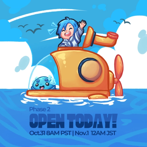 Altare waves his arm while he sits atop a yellow submarine with the latch open as it floats atop the sea. A Cultare slime waves with a slime inside the submarine. A text reads, "Phase 2 open today! 31OCT 8AM PST, 01NOV 12AM JST".