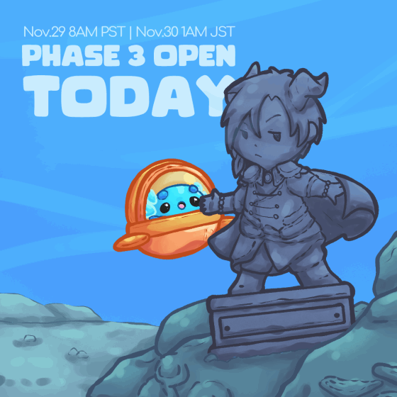 A Cultare slime looks on in awe inside of a yellow submarine as it looks on at a statue of the Demon King that sits on the bottom of the ocean. Text reads, "Phase 3 Opens today on Nov.29 at 8AM PST | Nov.30 at 1AM JST".