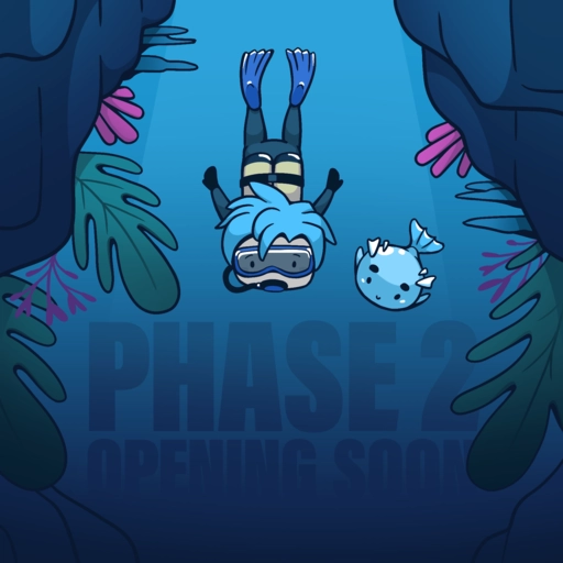 Altare in scuba diving gear with a Cultare slime that has fish fins and tail swim. They are both diving towards darkness in a trench aligned with sea foliage. A text reads, "Phase 2 Opening Soon".
