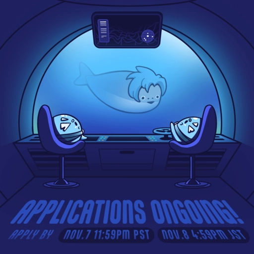 Two Cultare slimes sit inside an underwater console base. One of them points out at a fish that looks like Altare. A text reads, "Applications ongoing! Apply by Nov 7 11:59PM PST | Nov 8 4:59PM JST".