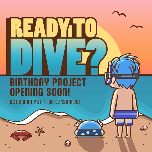 Altare and Altventurer slime in swimwear with floatie rings, standing by the beach. Text reads "Are you ready to dive? Birthday project opening soon! October 2 8AM PST / October 3 12AM JST"Art by Tootles (@tootlini)