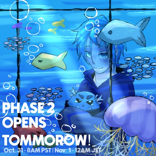Altare holds onto a Cultare slime as he stares into an Aquarium that has jellyfish and fishes swimming about. Text reads, "Phase 2 Opens tomorrow! Oct.31 at 8am PST | Nov.1 at 12AM JST".